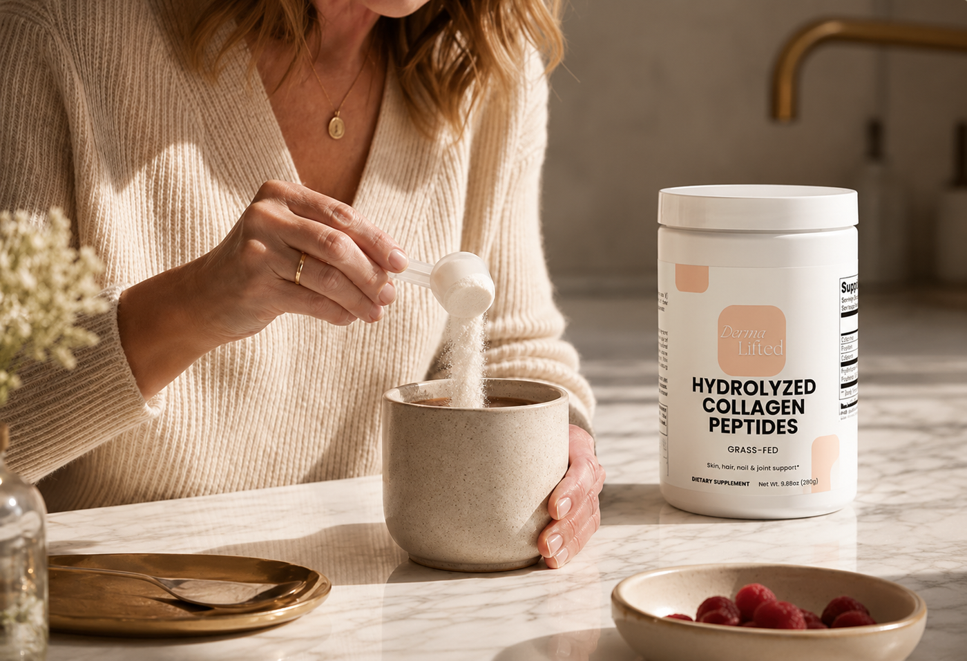 Woman mixing collagen peptides into morning coffee